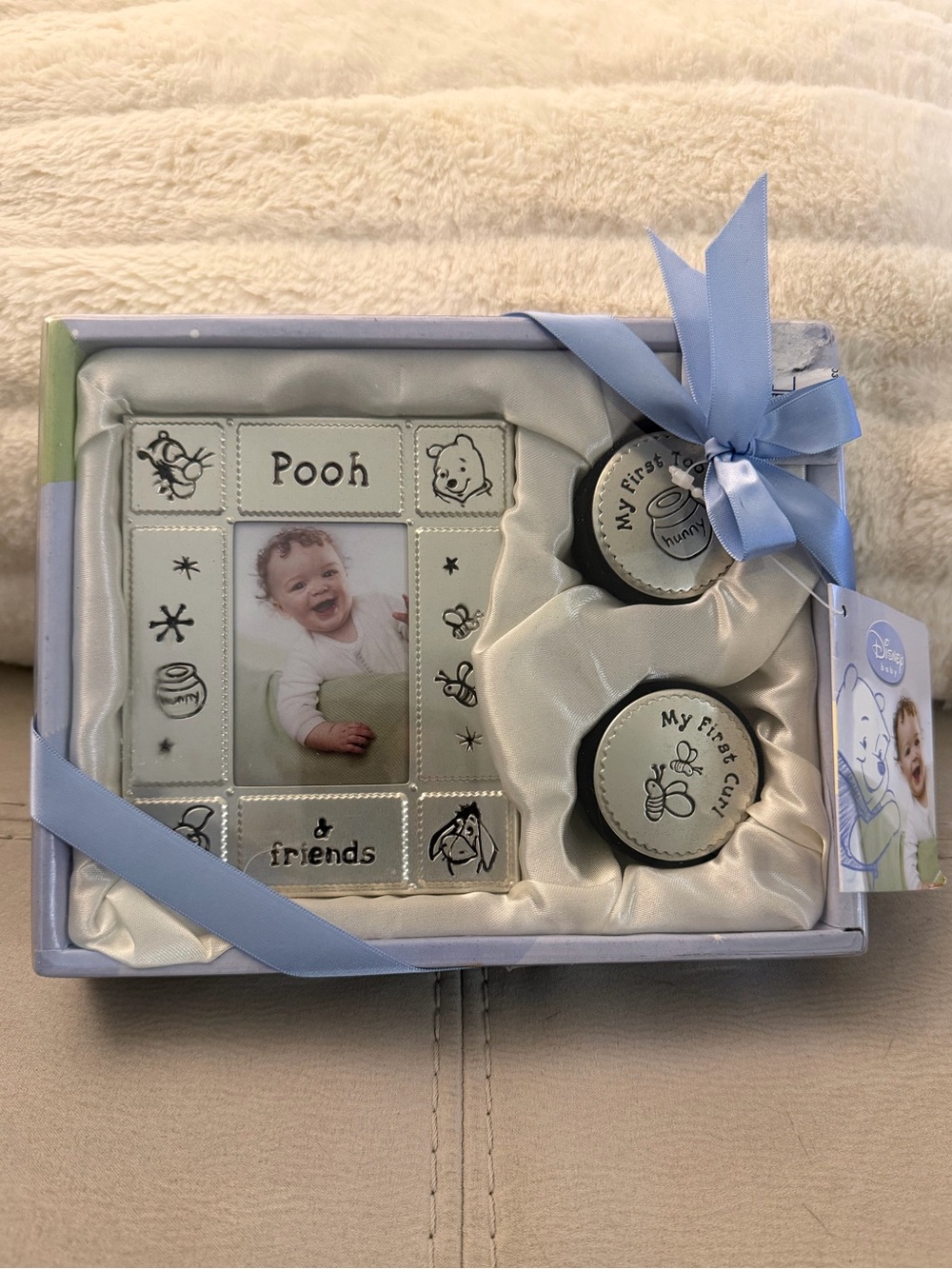 Winnie the Pooh Blue Baby Photo Frame & Keepsake My First Tooth & My first curl